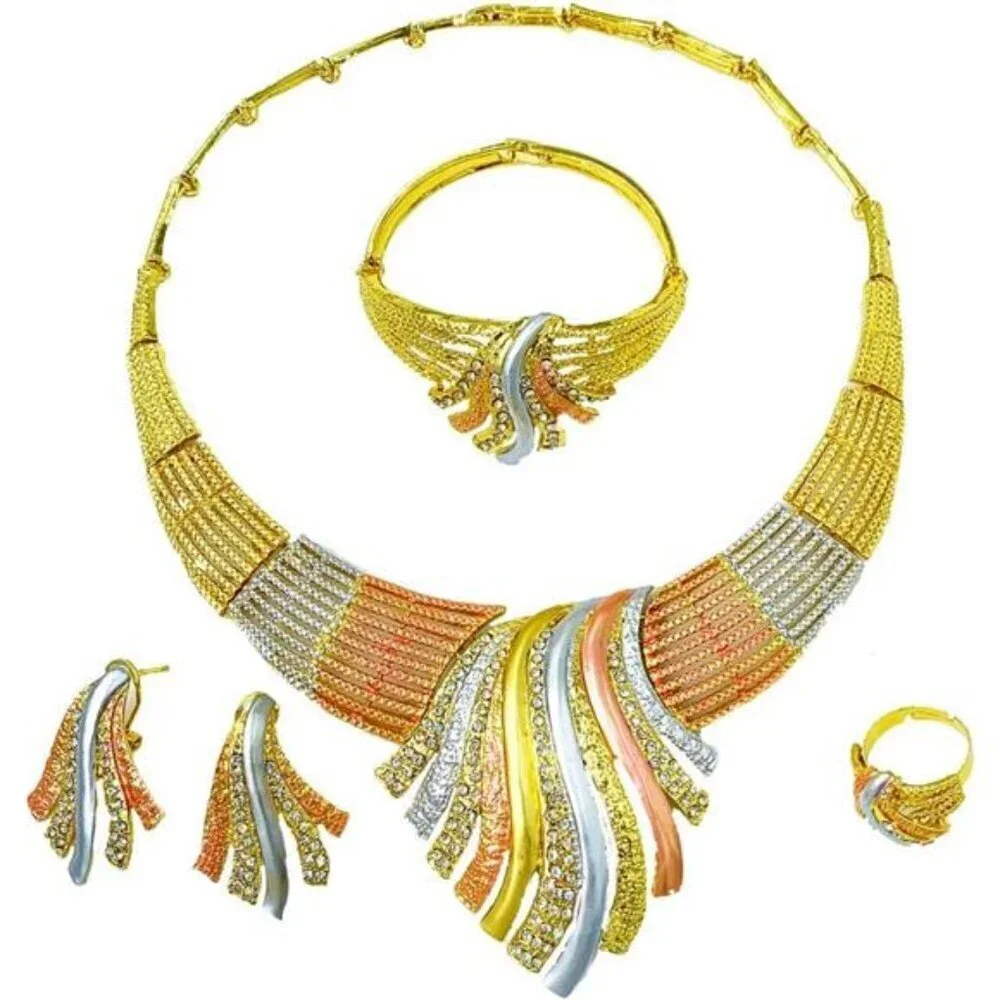 Gold, Rose Gold & Silver Wave Jewelry Set – Necklace, Bracelet, Earrings & Ring